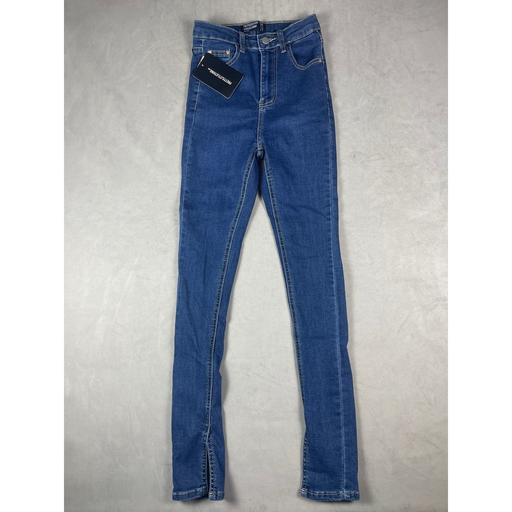 PrettyLittleThing Mid Blue Wash Side Split Hem Skinny Jeans US 0 CMK8882